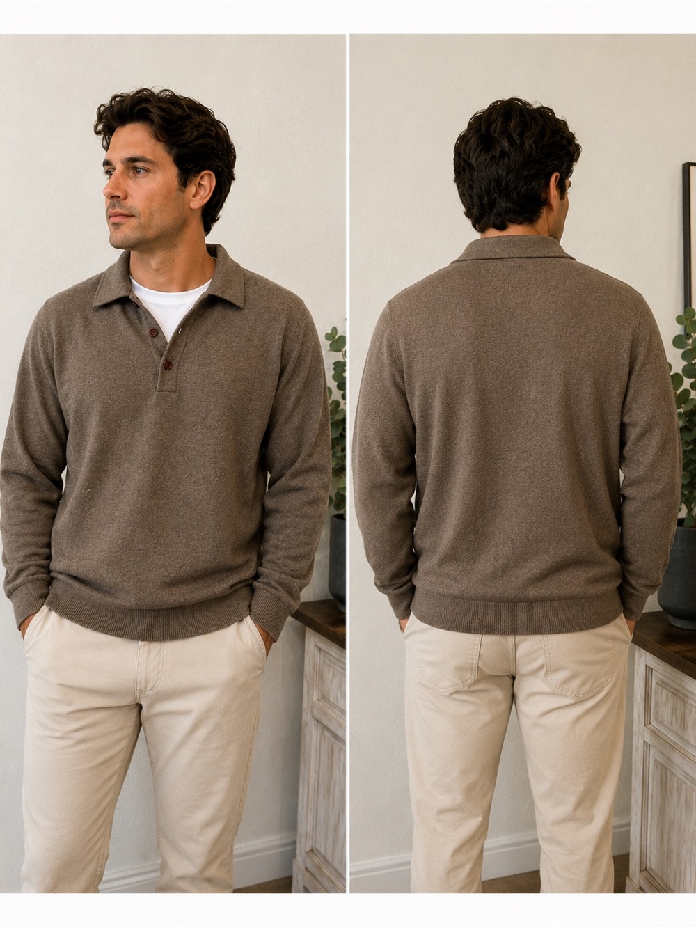 Vintage Style Men’s 100% Merino Wool Brown Collared Sweater Size M